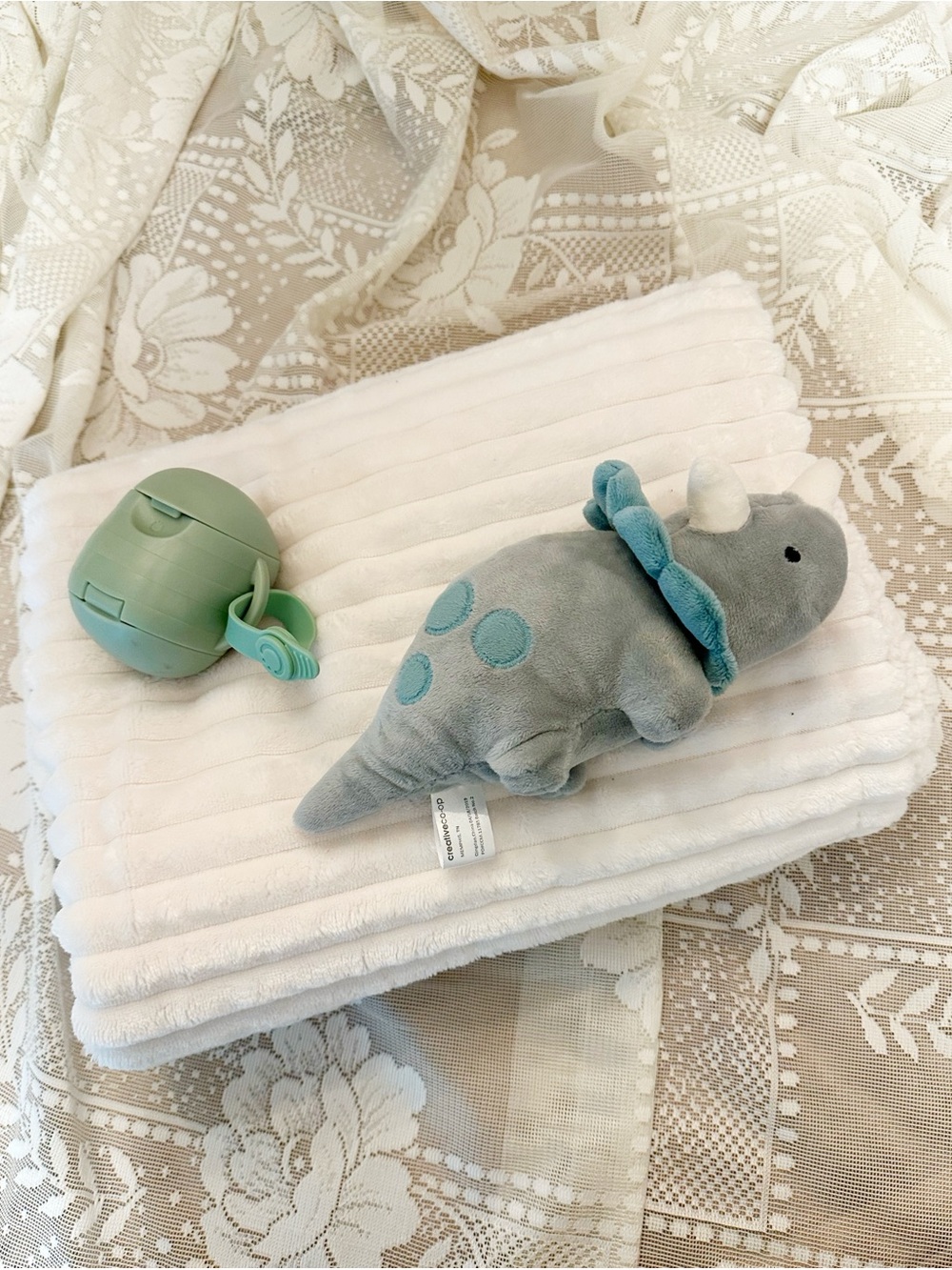Baby boy bundle: rattle Dino, paci holder, and baby blanket